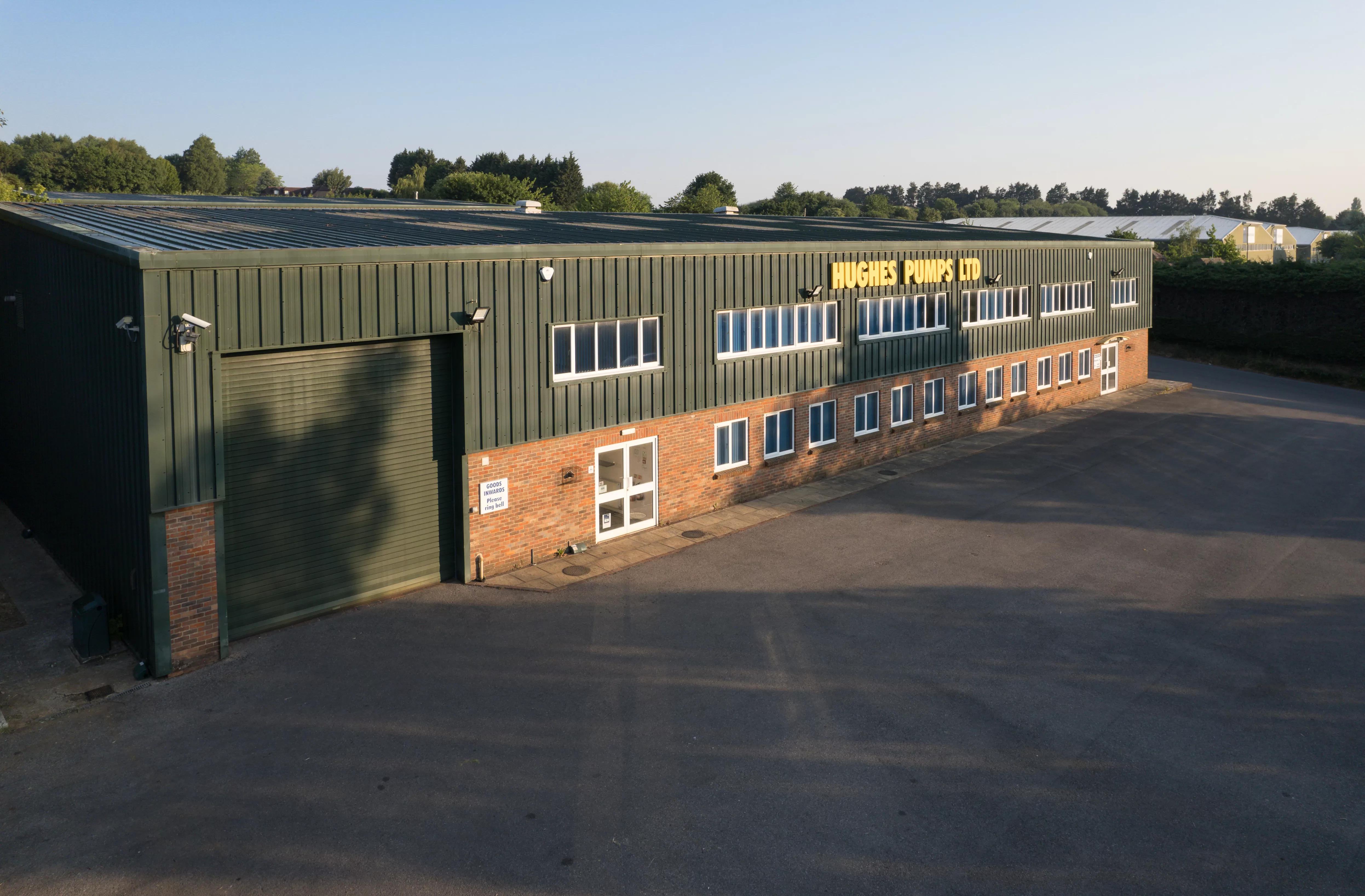 exterior shot of the hughes pumps factory in west sussex, UK