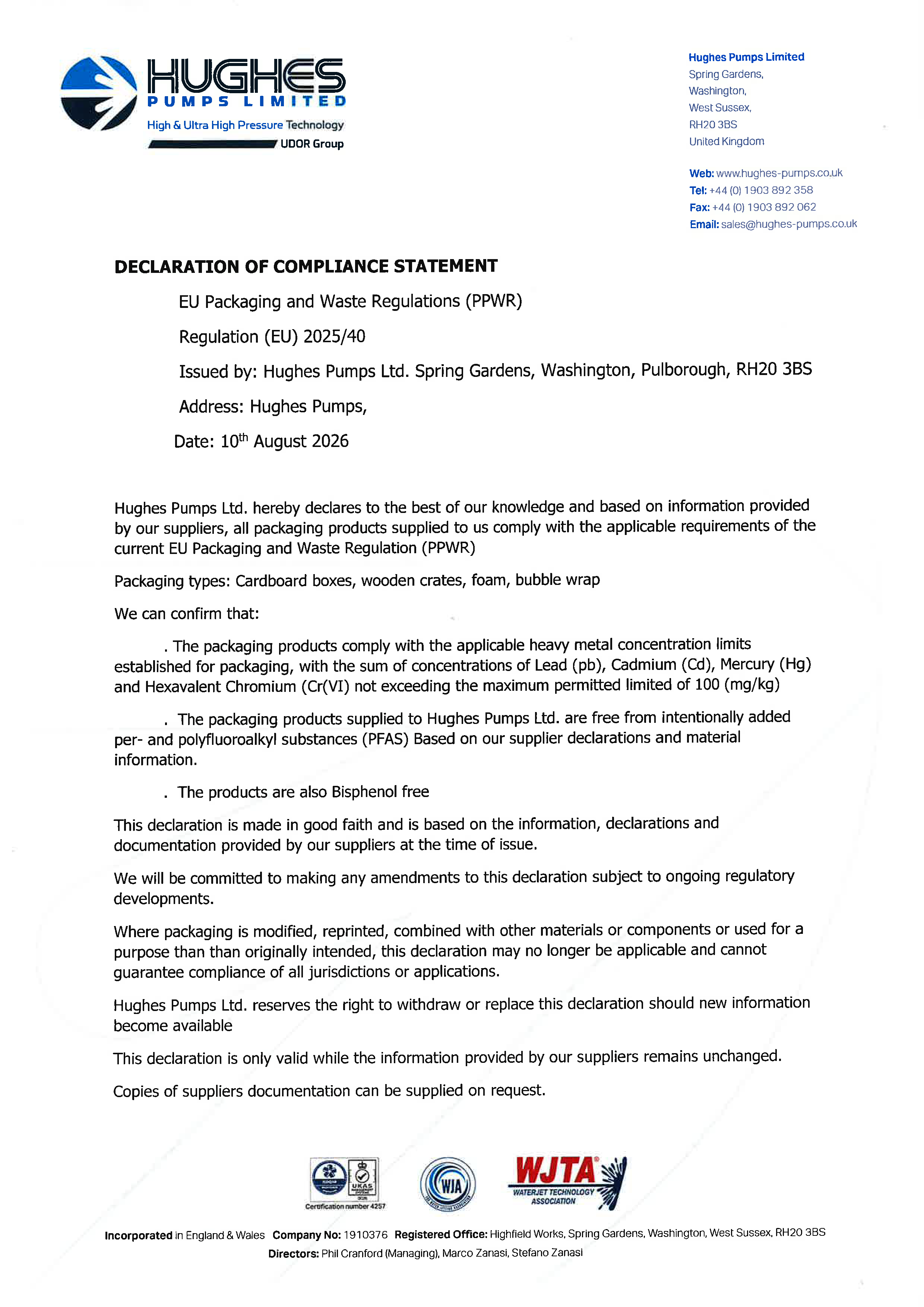 DECLARATION OF COMPLIANCE STATEMENT_Page_1 hughes pumps ltd ISO certification 2022